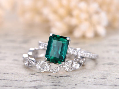 Bague de fiançailles en or blanc 14 carats sertie d'une émeraude de 6 x 8 mm, pierre de naissance du mois de mai, ensemble de 2 bagues, alliance sertie de diamants, bague florale sertie de diamants