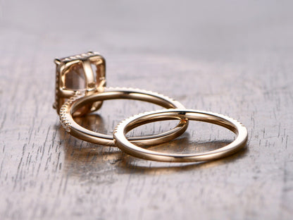 Bague en morganite taille émeraude 6x8 mm, ensemble de 2 alliances, alliance en diamant, ensemble de bagues de mariée en or jaune 14 carats
