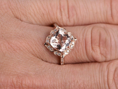 Кольцо с розовым морганитом, обручальное кольцо из розового золота 14K с бриллиантами, помолвочное кольцо с морганитом огранки «подушка» 7 мм, кольцо-обещание, кольцо на годовщину свадьбы.