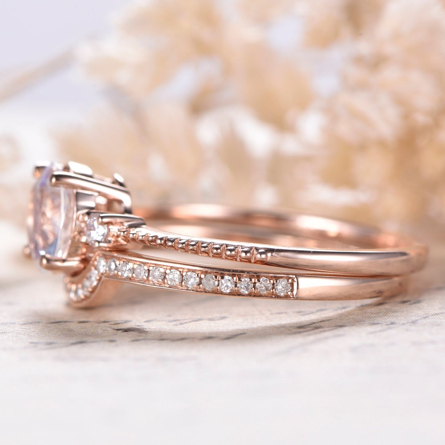 7mm Round Cut Moonstone Engagement Ring Set 2pcs 14K Rose Gold and Diamond Curved Matching Band