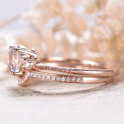 7mm Round Cut Moonstone Engagement Ring Set 2pcs 14K Rose Gold and Diamond Curved Matching Band