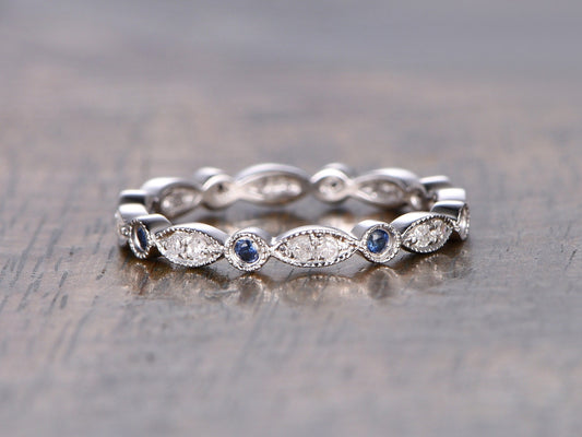 sapphire-wedding-band-14k-white-gold-diamond-full-eternity-art-deco-design