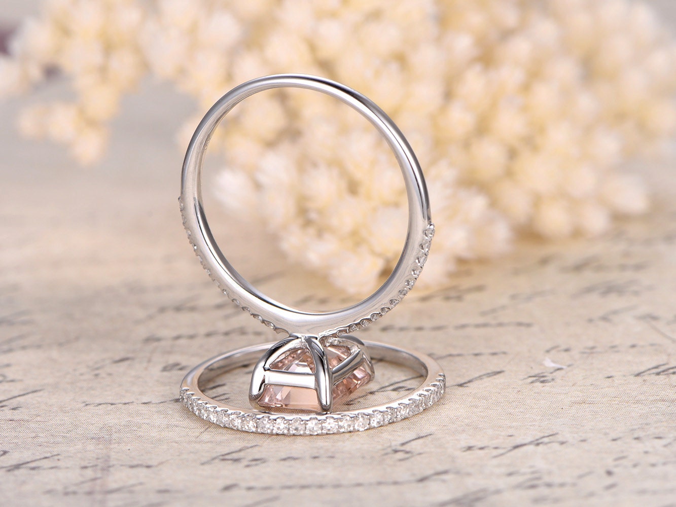 Bague en morganite taille émeraude 6-8 mm, ensemble de bagues en morganite taille émeraude, bague de fiançailles en morganite, alliance fine en diamant assortie, ensemble de mariage