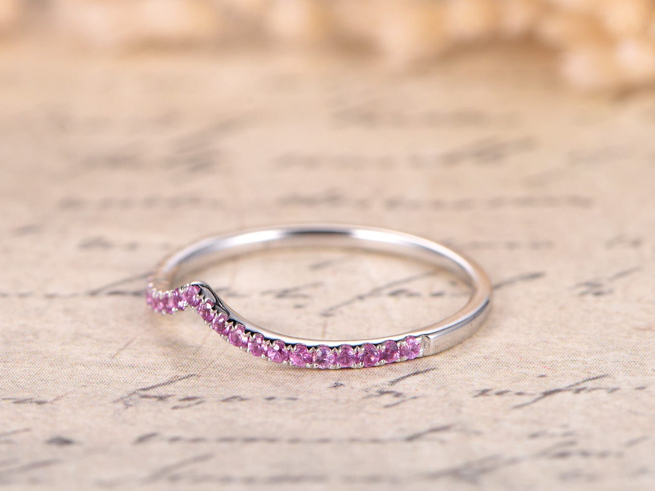 Pink Sapphire Wedding Band Chevron Curved V Wedding Ring 14K White Gold