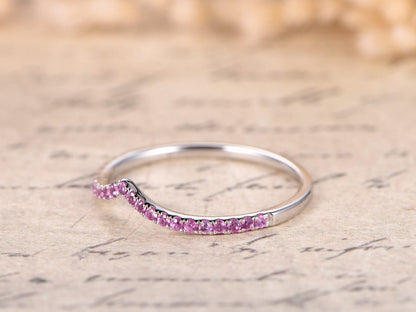 Pink Sapphire Wedding Band Chevron Curved V Wedding Ring 14K White Gold