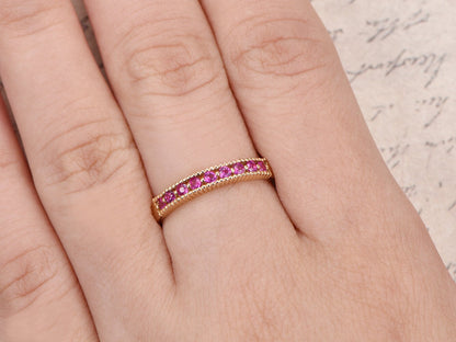 Bague de fiançailles en rubis, alliance pavée de rubis, alliance empilable en or blanc 14 carats massif, bague de mariage pour femme avec rubis
