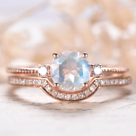 7mm Round Cut Moonstone Engagement Ring Set 2pcs 14K Rose Gold and Diamond Curved Matching Band