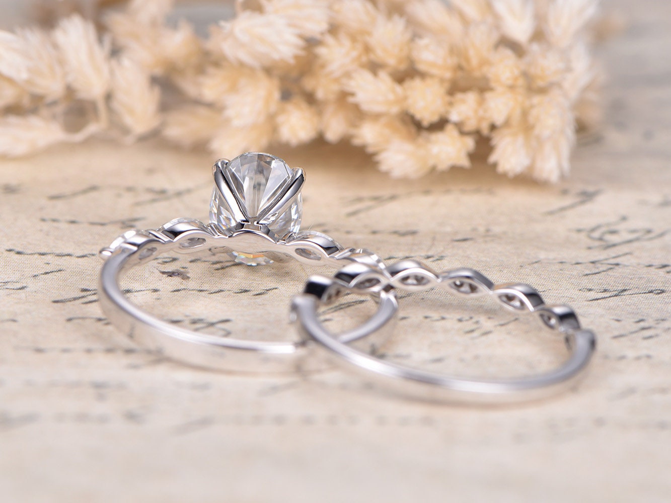 Комплект обручальных колец с муассанитом VVS из цельного белого золота 14K с бриллиантами, свадебное кольцо с муассанитом 6x8 мм, кольцо с бриллиантом огранки «маркиз», свадебное кольцо.