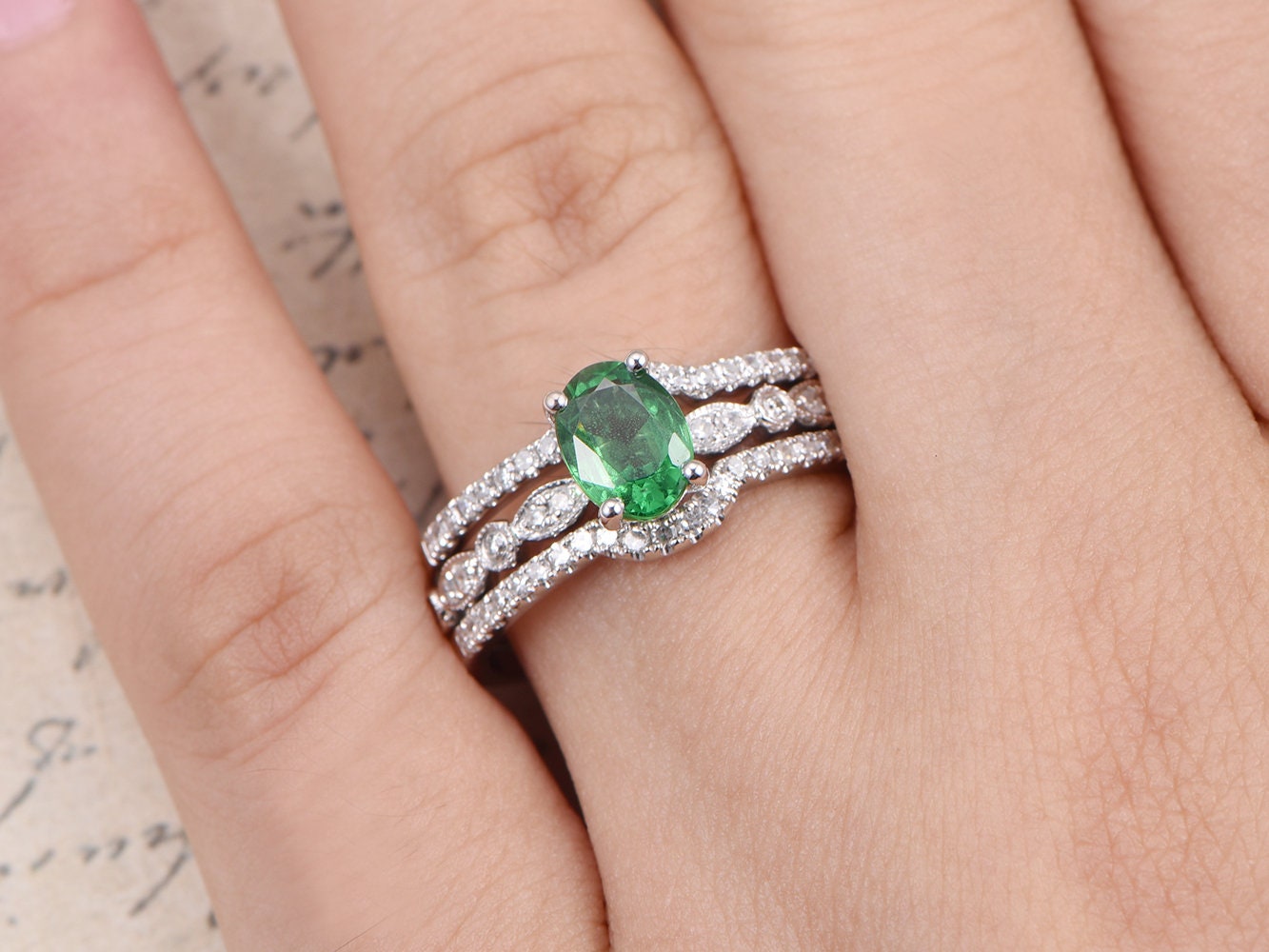 5x7mm-oval-cut-tsavorite-engagement-ring-set-3pcs-14k-white-gold-diamond-accent-two-curved-matching-band