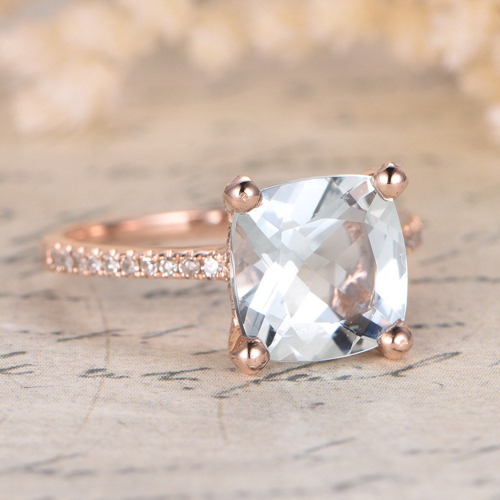 Bague en aigue-marine 8 mm, sertie de diamants taille coussin, bague de fiançailles, pierre de naissance de mars, or rose 14 carats, alliance sertie de diamants.