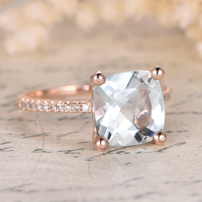Bague en aigue-marine 8 mm, sertie de diamants taille coussin, bague de fiançailles, pierre de naissance de mars, or rose 14 carats, alliance sertie de diamants.