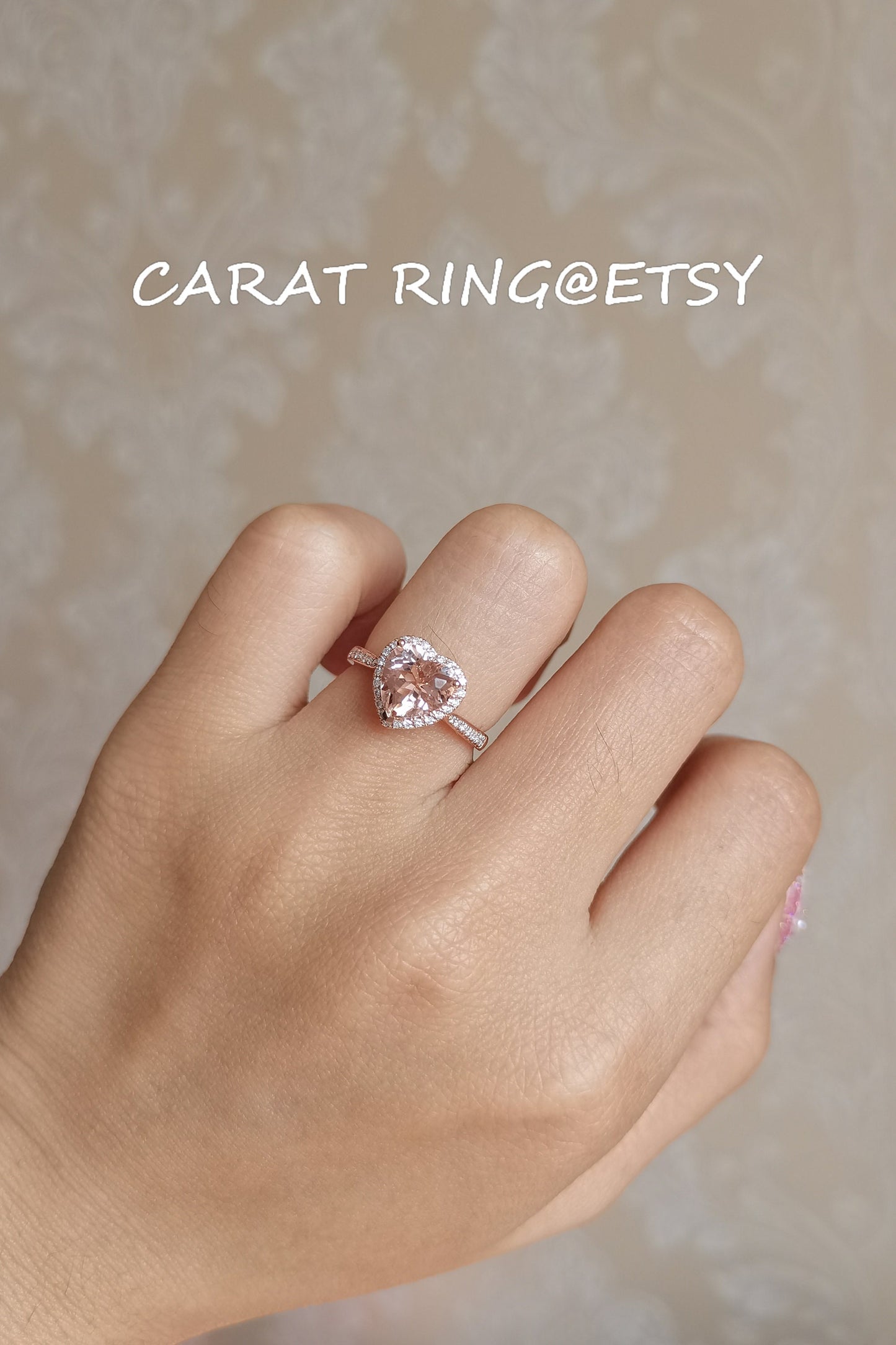 8mm Heart Cut Morganite Engagement Ring 14K Rose Gold Diamond Halo Half Eternity