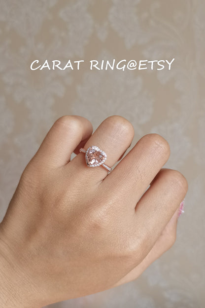 8mm Heart Cut Morganite Engagement Ring 14K Rose Gold Diamond Halo Half Eternity