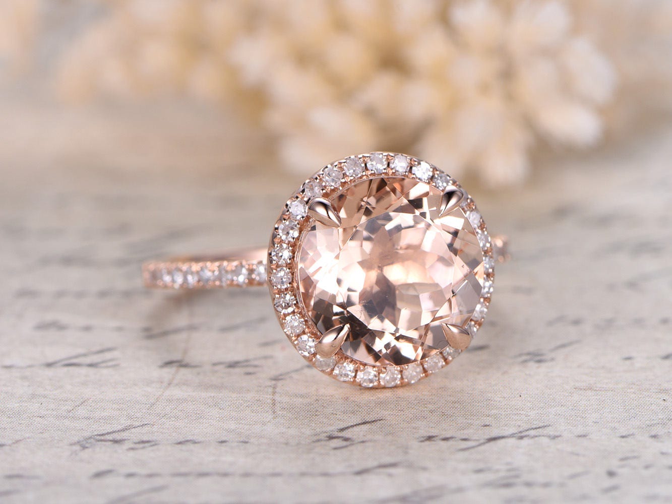 8mm Round Cut Morganite Engagement Ring 14K Rose Gold Diamond Halo Half Eternity