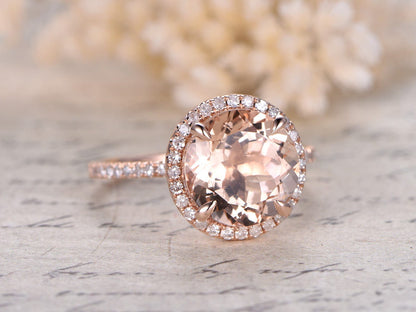 8mm Round Cut Morganite Engagement Ring 14K Rose Gold Diamond Halo Half Eternity