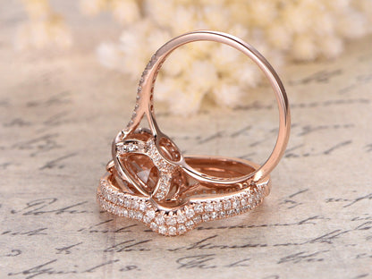 8mm Round Cut Morganite Engagement Ring Set 3pcs 14K Rose Gold Diamond Halo | Two Curved Matching Band