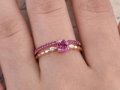 5mm-round-cut-pink-tourmaline-engagement-ring-set-2pcs-14k-rose-gold-diamond-accent-ruby-thin-matching-band