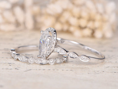 Bague de fiançailles en or blanc 14 carats avec moissanite en forme de poire, diamant taille marquise 6x9 mm, pureté VVS, ensemble de 2 bagues de fiançailles.