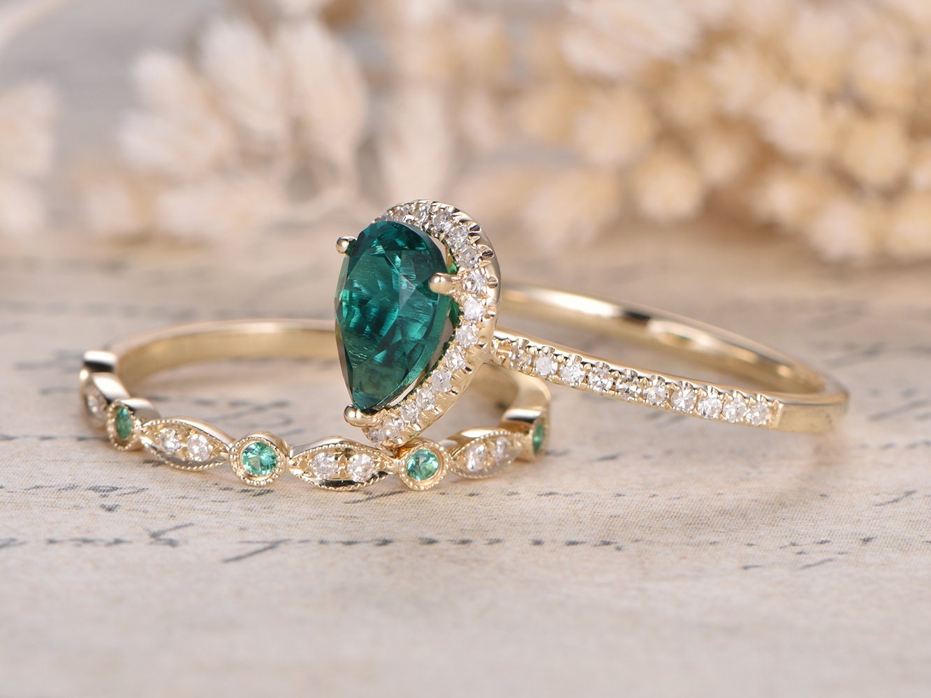 6x8mm-pear-cut-emerald-engagement-ring-set-2pcs-14k-yellow-gold-diamond-halo-half-eternity-art-deco-matching-band