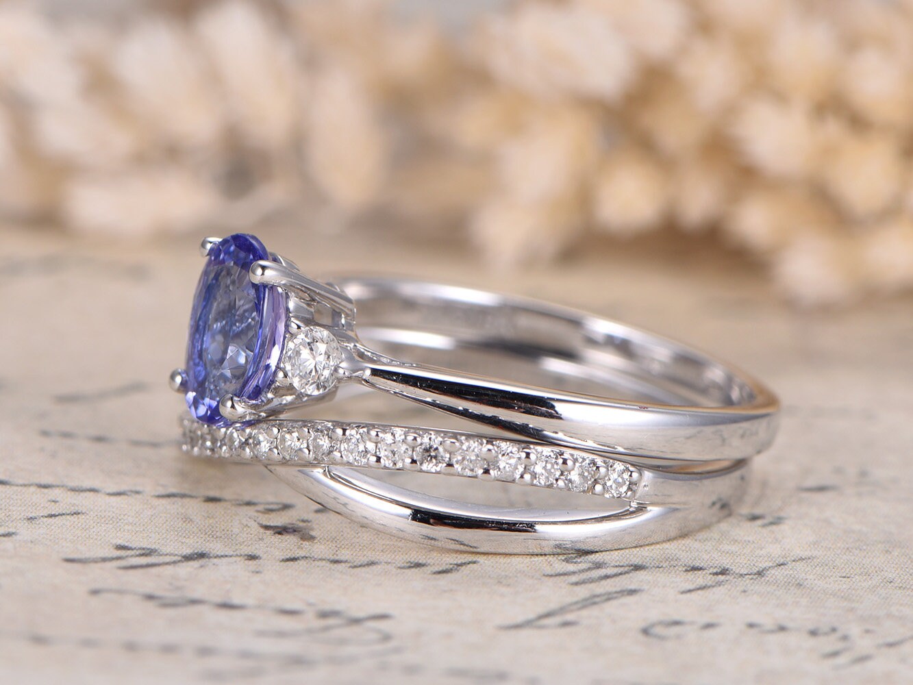 5x7mm Oval Cut Tanzanite Engagement Ring Set 2pcs 14K White Gold | Diamond Twist Matching Band