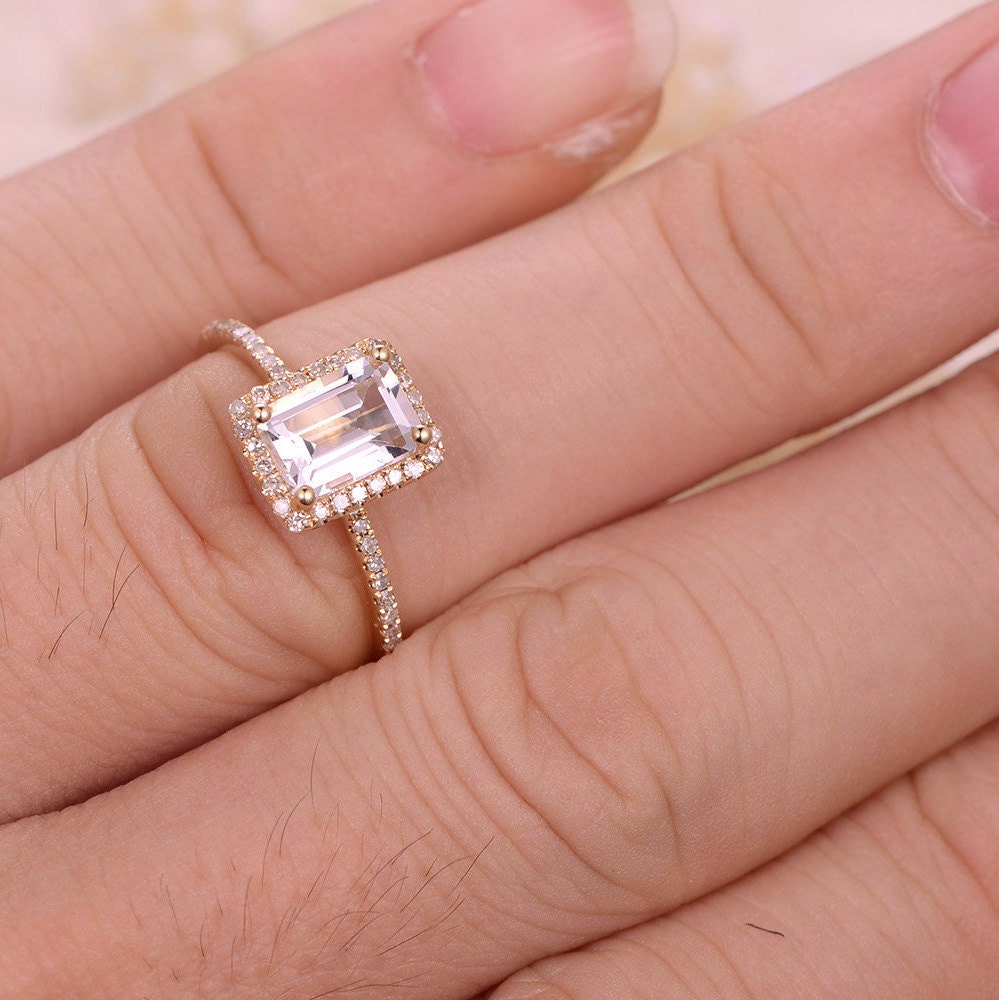 5x7mm Emerald Cut White Topaz Engagement Ring 14K Yellow Gold Diamond Halo Half Eternity