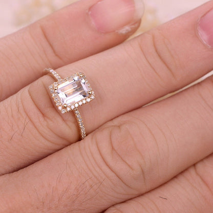 5x7mm Emerald Cut White Topaz Engagement Ring 14K Yellow Gold Diamond Halo Half Eternity