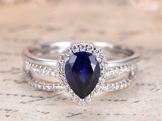 6x8mm Pear Cut Blue Sapphire Engagement Ring Set 2ps 14K White Gold And Diamond Split Shank Band