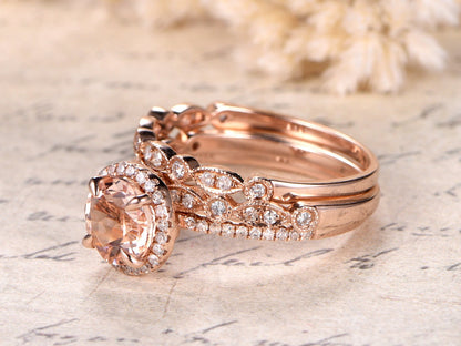 7mm-round-cut-morganite-engagement-ring-set-3pcs-14k-rose-gold-diamond-halo-half-eternity-two-art-deco-band