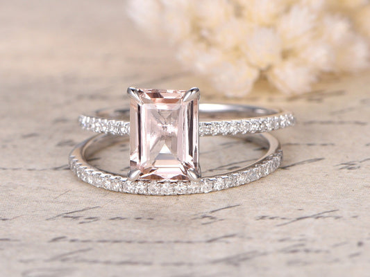 Bague en morganite taille émeraude 6-8 mm, ensemble de bagues en morganite taille émeraude, bague de fiançailles en morganite, alliance fine en diamant assortie, ensemble de mariage