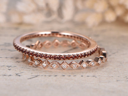 Red Garnet & Diamond Wedding Band Set 2pcs 14K Rose Gold Full Eternity