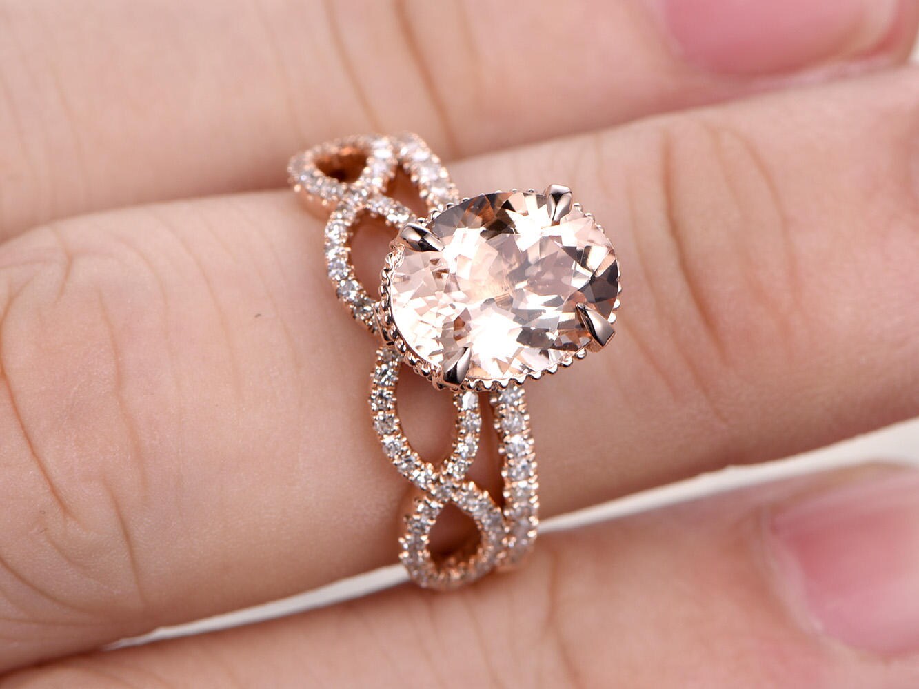 Bague de fiançailles en morganite ovale 9x11 mm, bague en morganite rose, alliance, anneau en or rose 14 carats serti de diamants, ensemble de 2 bagues, anneau fendu