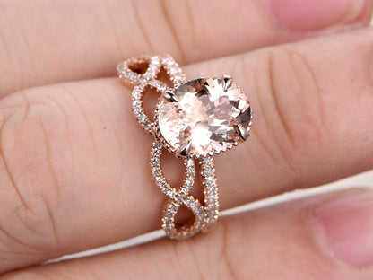 Bague de fiançailles en morganite ovale 9x11 mm, bague en morganite rose, alliance, anneau en or rose 14 carats serti de diamants, ensemble de 2 bagues, anneau fendu
