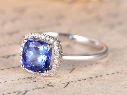 7.5mm Cushion Cut Tanzanite Engagement Ring 14K White Gold Diamond Halo