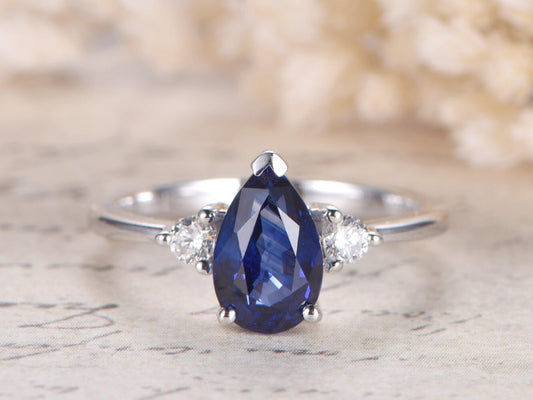 6x9mm Pear Cut Sapphire Engagement Ring 14K White Gold Three Stone Plain Band