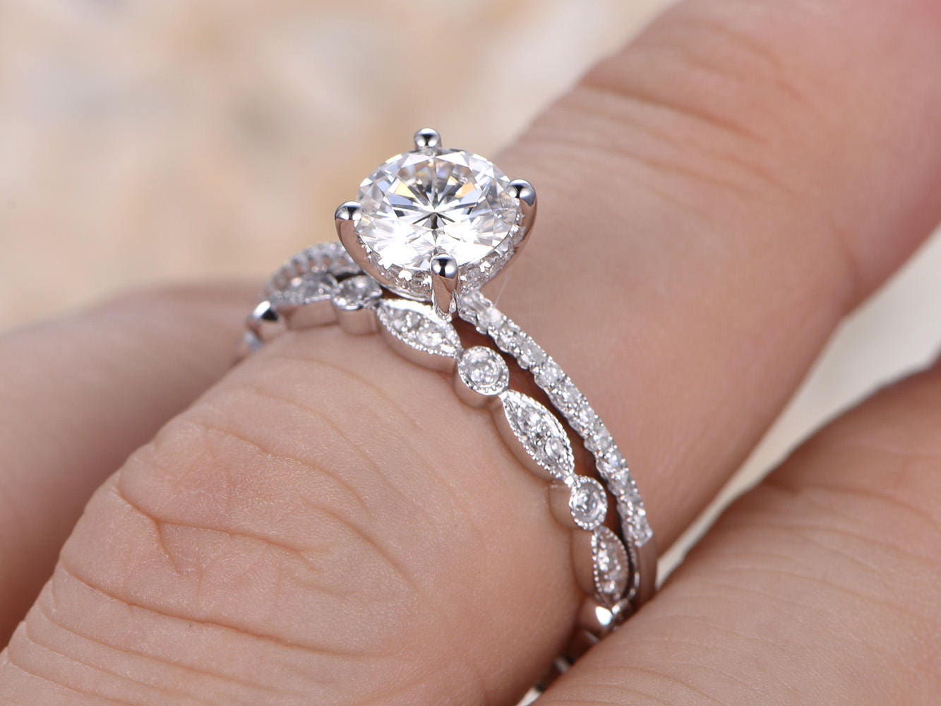 7mm-round-cut-moissanite-engagement-ring-set-2pcs-14k-white-gold-diamond-band-solitaire-full-eternity-art-deco-band