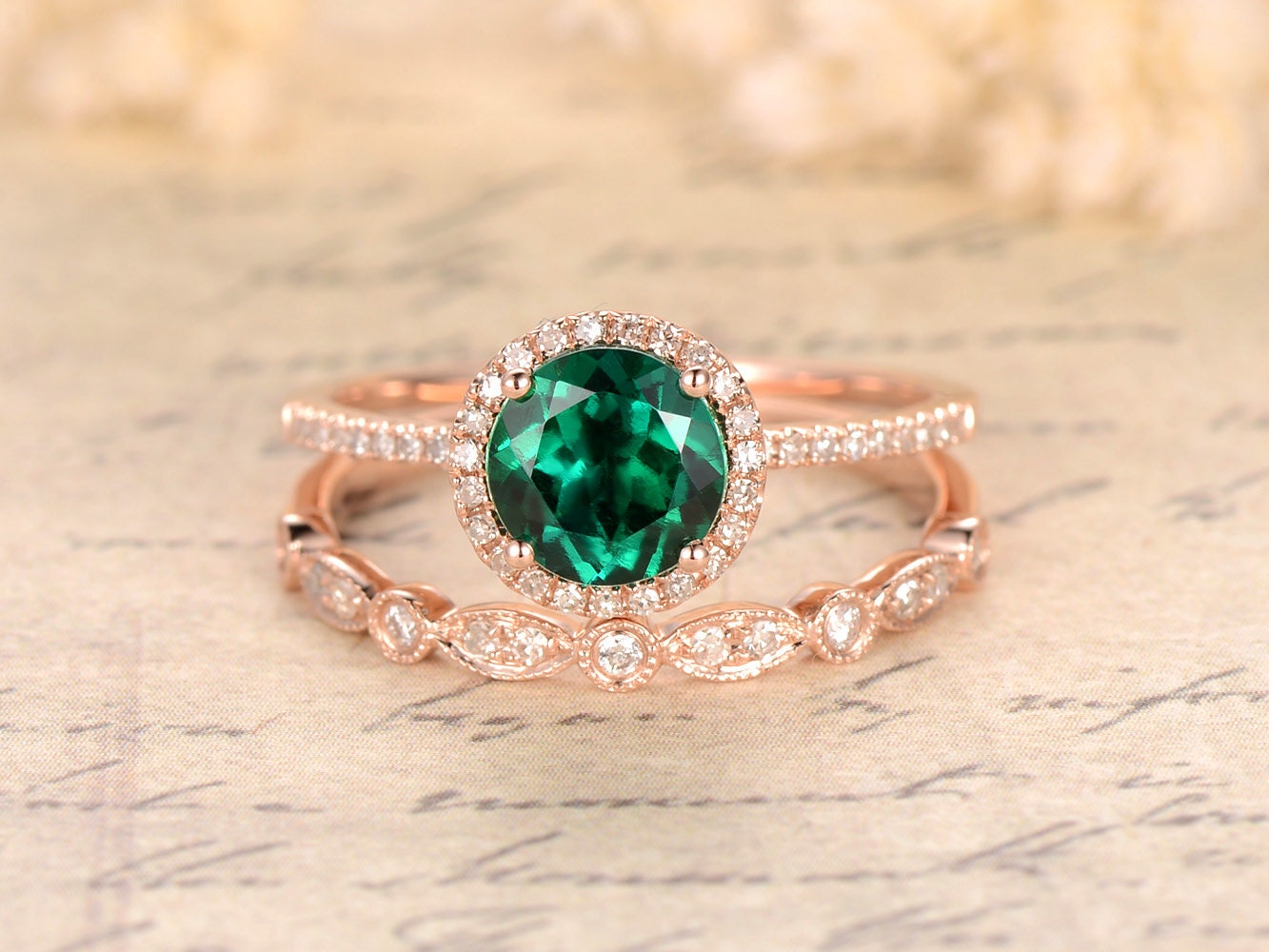 Bague de fiançailles ornée d'une émeraude, bague en émeraude taille ronde de 7 mm, alliance en diamants style Art déco, ensemble de bagues de mariée, or rose 14 carats, bague de naissance de mai