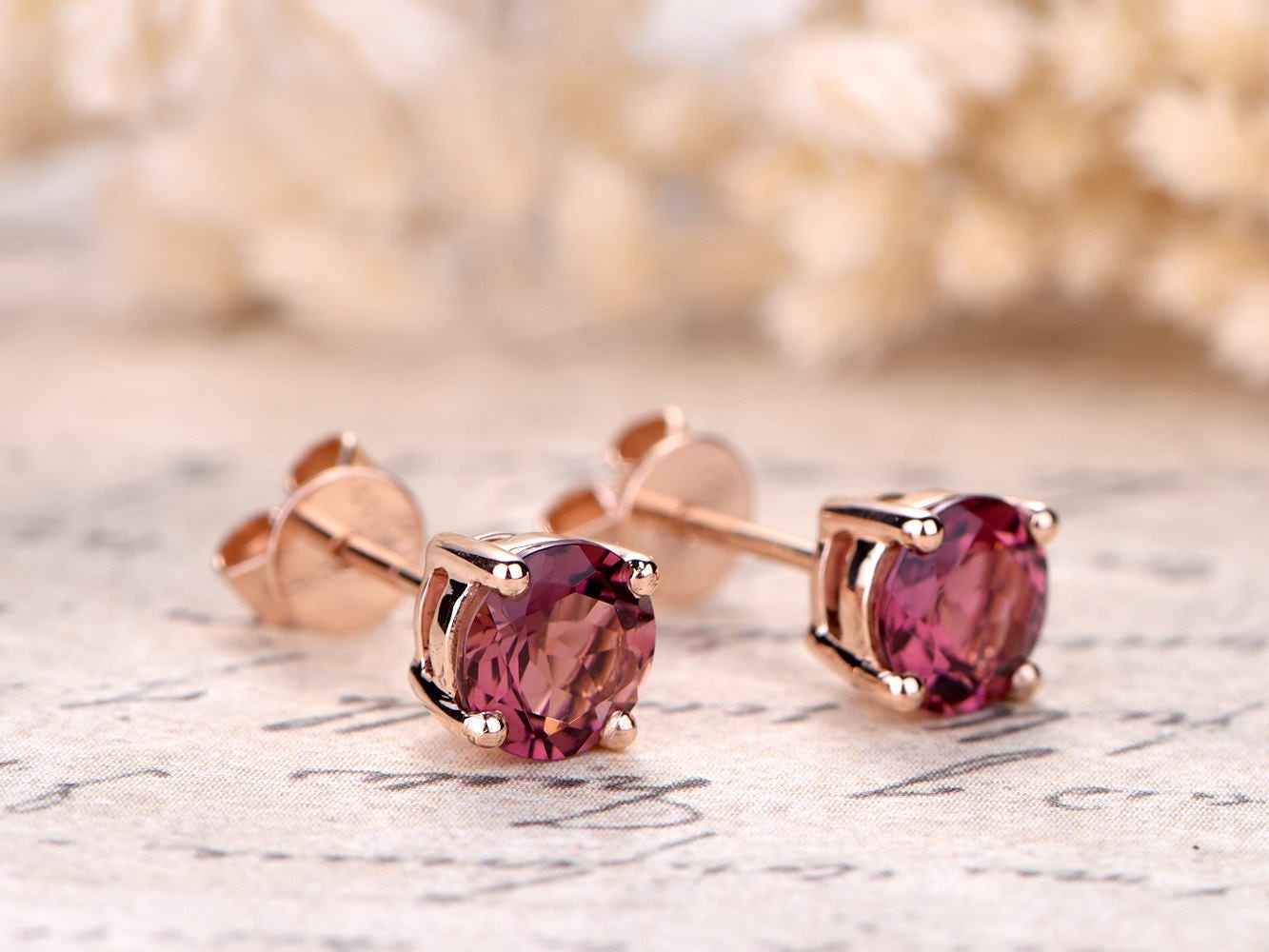 6mm Round Cut Pink Tourmaline Engagement Earrings 18K Rose Gold