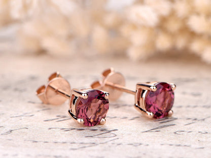 6mm Round Cut Pink Tourmaline Engagement Earrings 18K Rose Gold