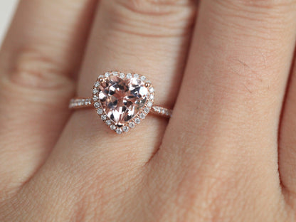 8mm Heart Cut Morganite Engagement Ring 14K Rose Gold Diamond Halo Half Eternity