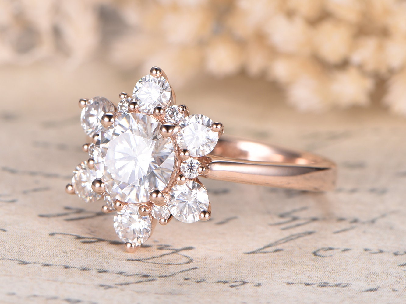 6.5mm-round-cut-moissanite-engagement-ring-14k-rose-gold-art-deco-ring-moissanite-halo-plain-band