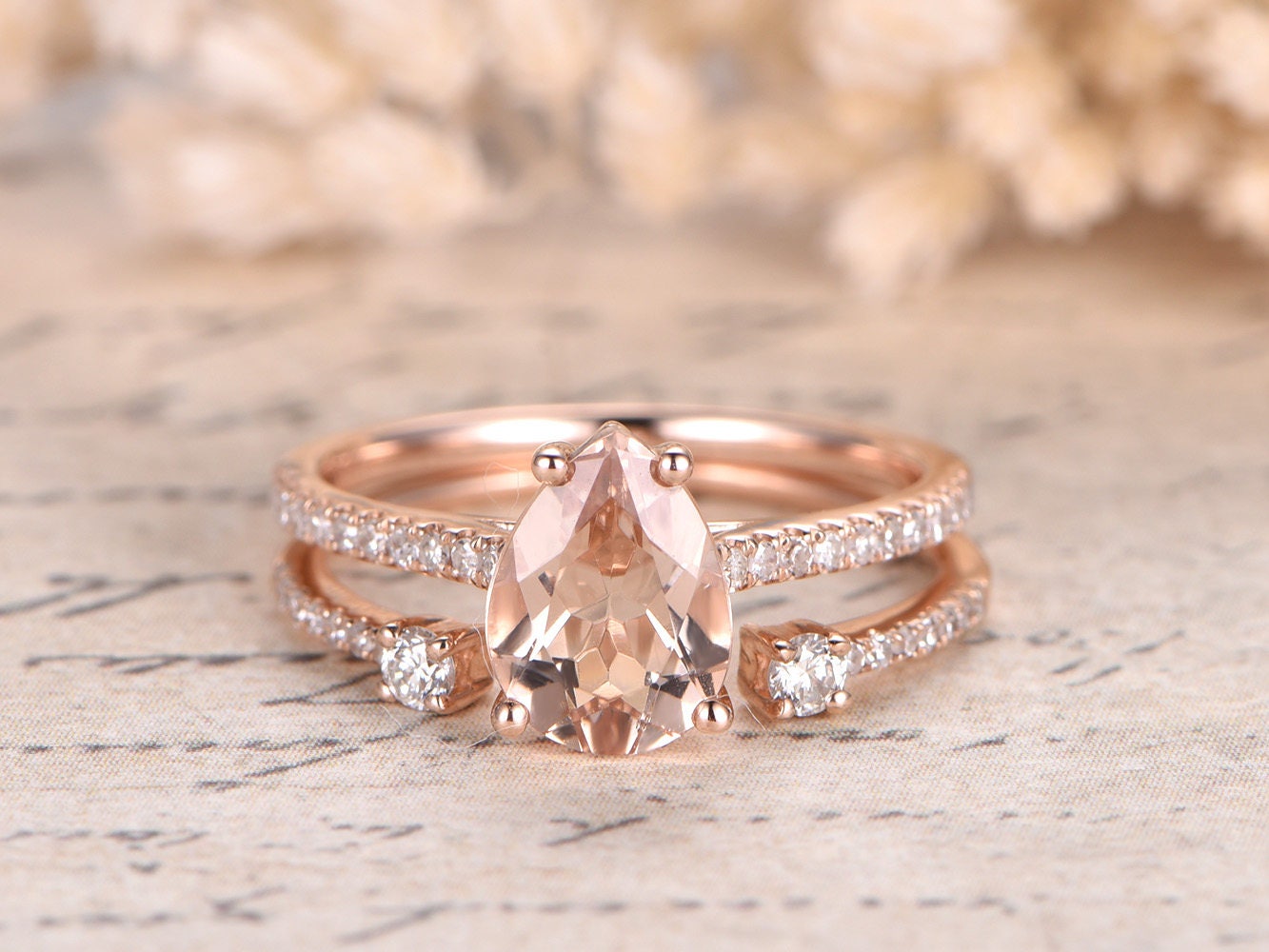 6x8mm-pear-cut-morganite-engagement-ring-set-2pcs-14k-rose-gold-pave-diamond-band-opening-6mm-matching-band