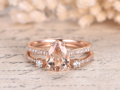 6x8mm-pear-cut-morganite-engagement-ring-set-2pcs-14k-rose-gold-pave-diamond-band-opening-6mm-matching-band