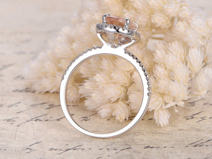6x8mm Oval Cut Morganite Engagement Ring 14K White Gold Diamond Halo Design Half Eternity