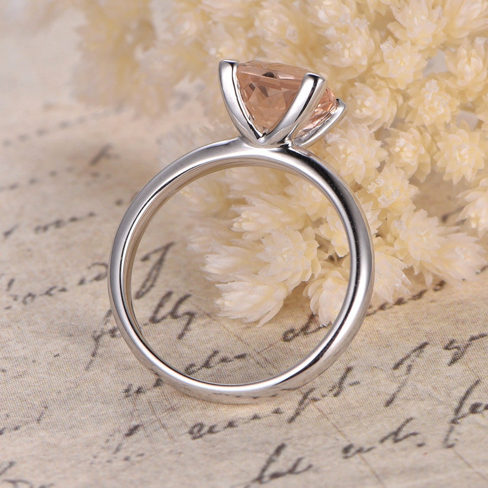 Bague de fiançailles solitaire en morganite coussin de 7 mm, anneau en or blanc simple 14 carats, bague d'anniversaire, bague de mariage