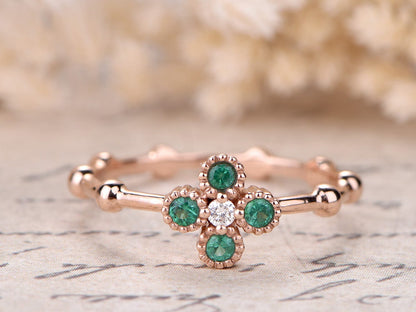 Bague de fiançailles en émeraude, alliance en or rose massif 14 carats avec diamants, bague en bambou, bague de fiançailles Art déco à motif floral, bague de promesse