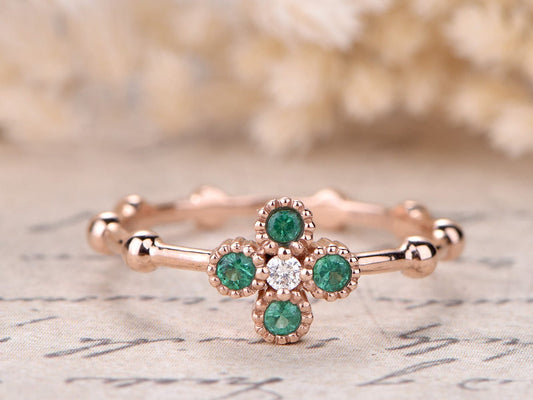 Bague de fiançailles en émeraude, alliance en or rose massif 14 carats avec diamants, bague en bambou, bague de fiançailles Art déco à motif floral, bague de promesse