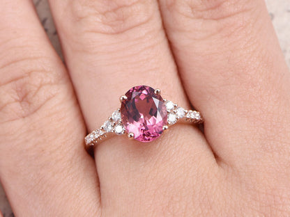7x9mm Oval Tourmaline Engagement Ring 14K Rose Gold Diamond Floral Design