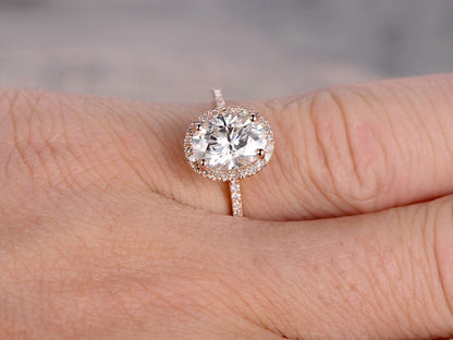 Bague en or blanc avec moissanite VVS 6x8 mm, bague de fiançailles ovale en moissanite 1,5 ct, alliance en or rose 14 carats avec halo de moissanite pour femme