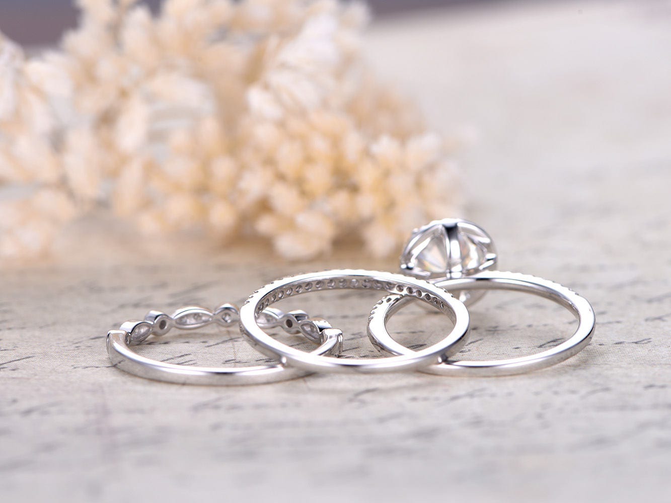 7mm-round-cut-moissanite-engagement-ring-set-3pcs-14k-white-gold-half-eternity-band-halo-diamond-design-1-thin-matching-band-1-art-deco-band