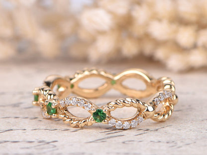 Alliance torsadée en diamant, bague d'éternité complète en or jaune 14 carats, bague empilable torsadée, bague Deco Tsavorite, alliances éternité torsadées